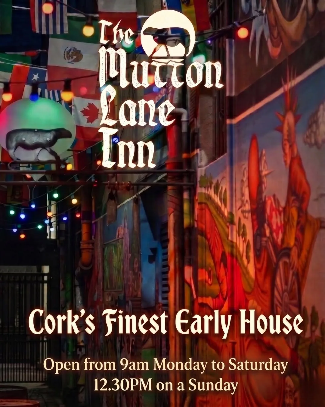 Coloured bulbs, the Mutton Lane sign and the painted lane mural